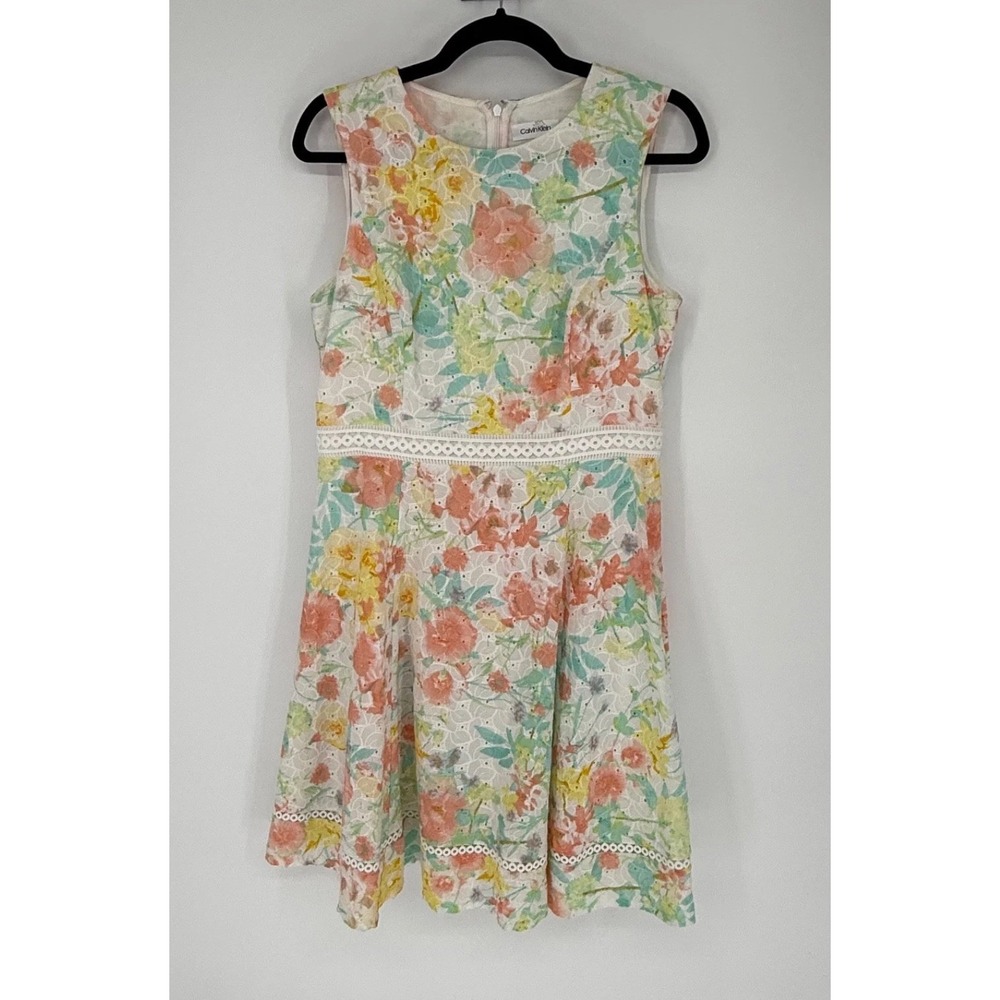 Calvin Klein Dress Womens 8 Floral Eyelet Watercolor Feminine Dainty Clean Girl